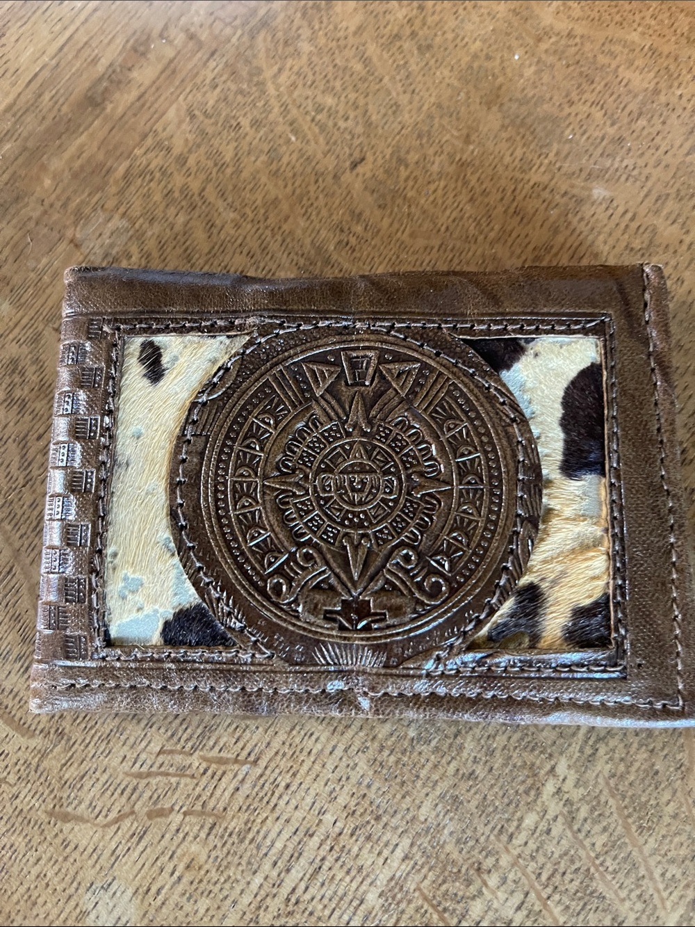 NEW Vintage Brown Leather Embossed Aztec Wallet with Cowhide from Mexico